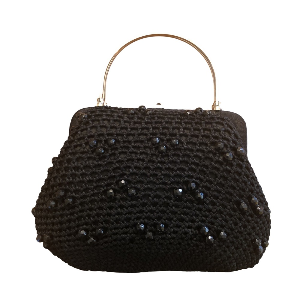 Evening Bag Crochet with Black Beads‎ SilverTone Handles Puffy
